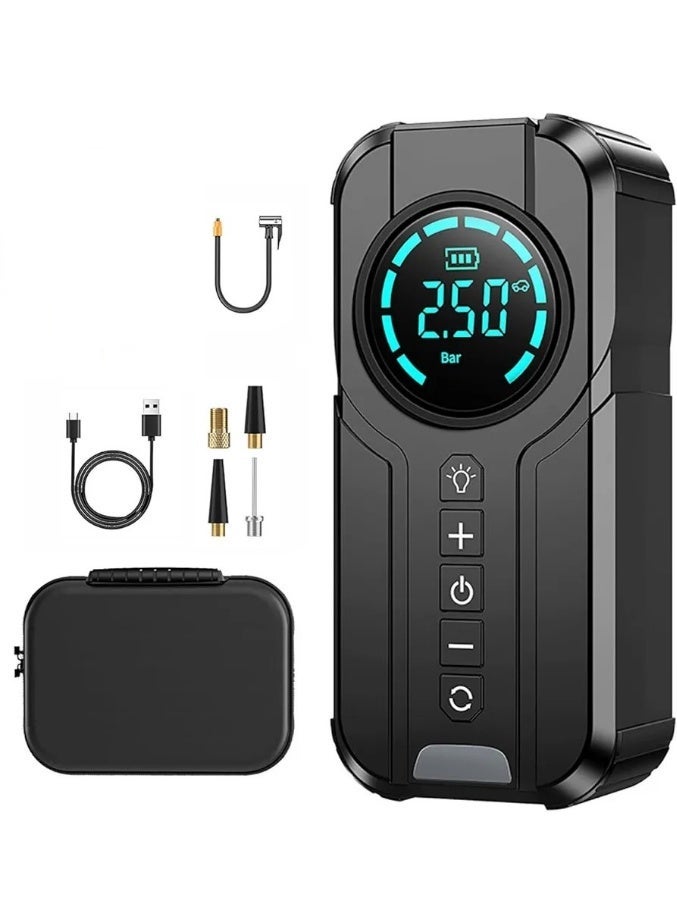 A tire pump, a ball valve, a power bank to charge the phone, and also an emergency flashlight You will need it throughout your day or during your travel It is indispensable in Arabic and travel The size is relative to the power of this small product If the car tire sleeps, don't worry anymore Car Tire Tire Air Compressor - 6A Powerful Air Inflator/Quick Electric Air Pump with Digital Tire Pressure Gauge for Car Tires, Bicycles, Balls Product size: 193x85x62 mm Weight: 700 grams - Image 1